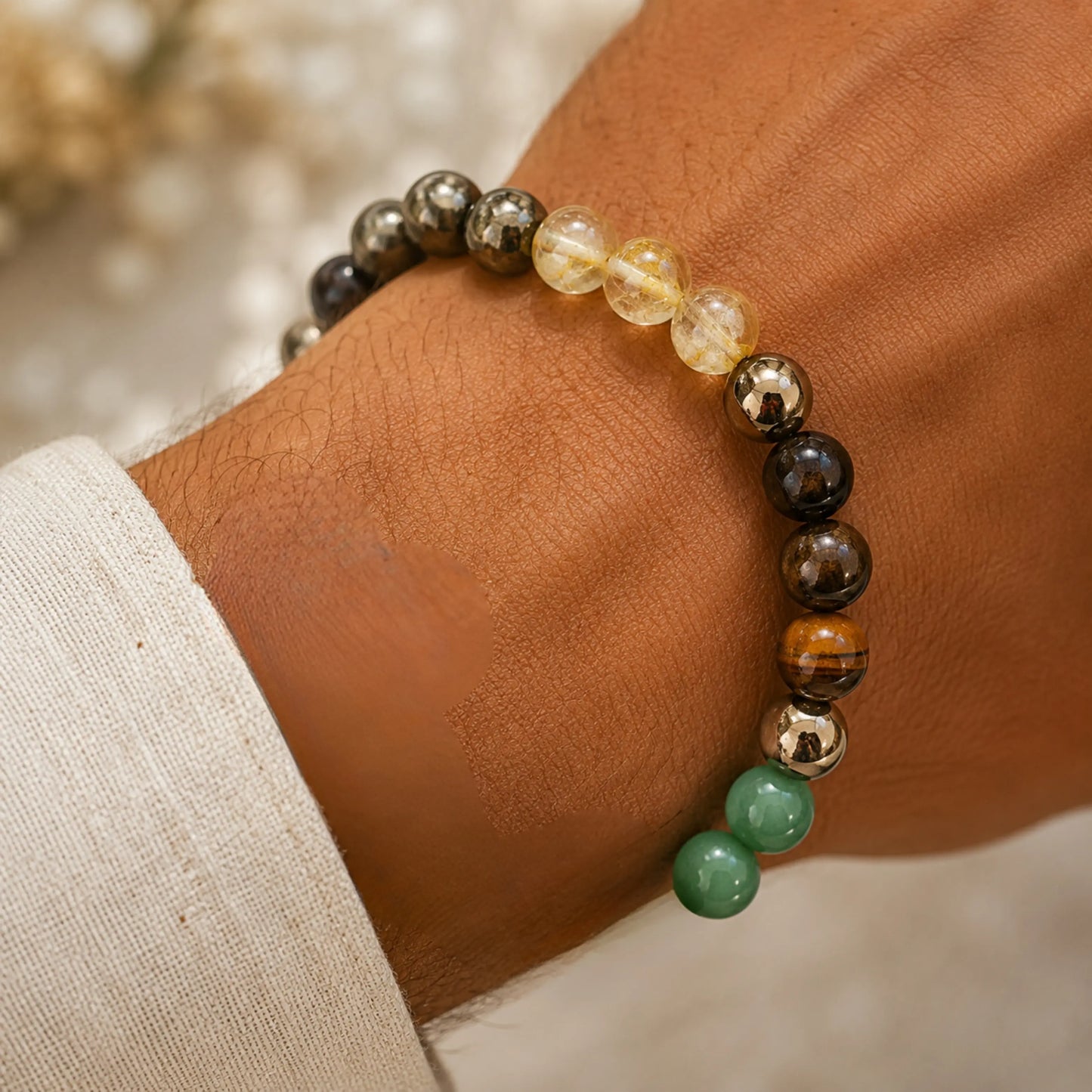 Dhanyog Bracelet with Rudraksh (Pyrite, Tiger Eye, Citrine, Aventurine, Sphatik & Jade Beads)