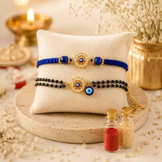 Premium Evil Eye Bhai-Bhabhi Rakhi Set with Roli Chawal in a beautiful Gift Box | Protien Bar | Fridge Magnet