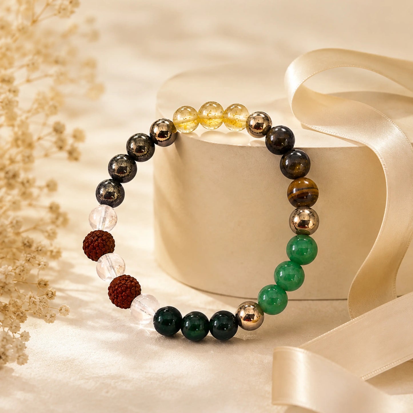 Dhanyog Bracelet with Rudraksh (Pyrite, Tiger Eye, Citrine, Aventurine, Sphatik & Jade Beads)