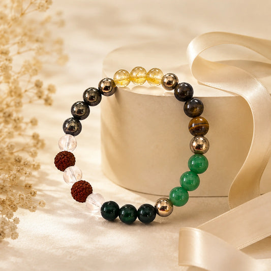 Dhanyog Bracelet with Rudraksh (Pyrite, Tiger Eye, Citrine, Aventurine, Sphatik & Jade Beads)