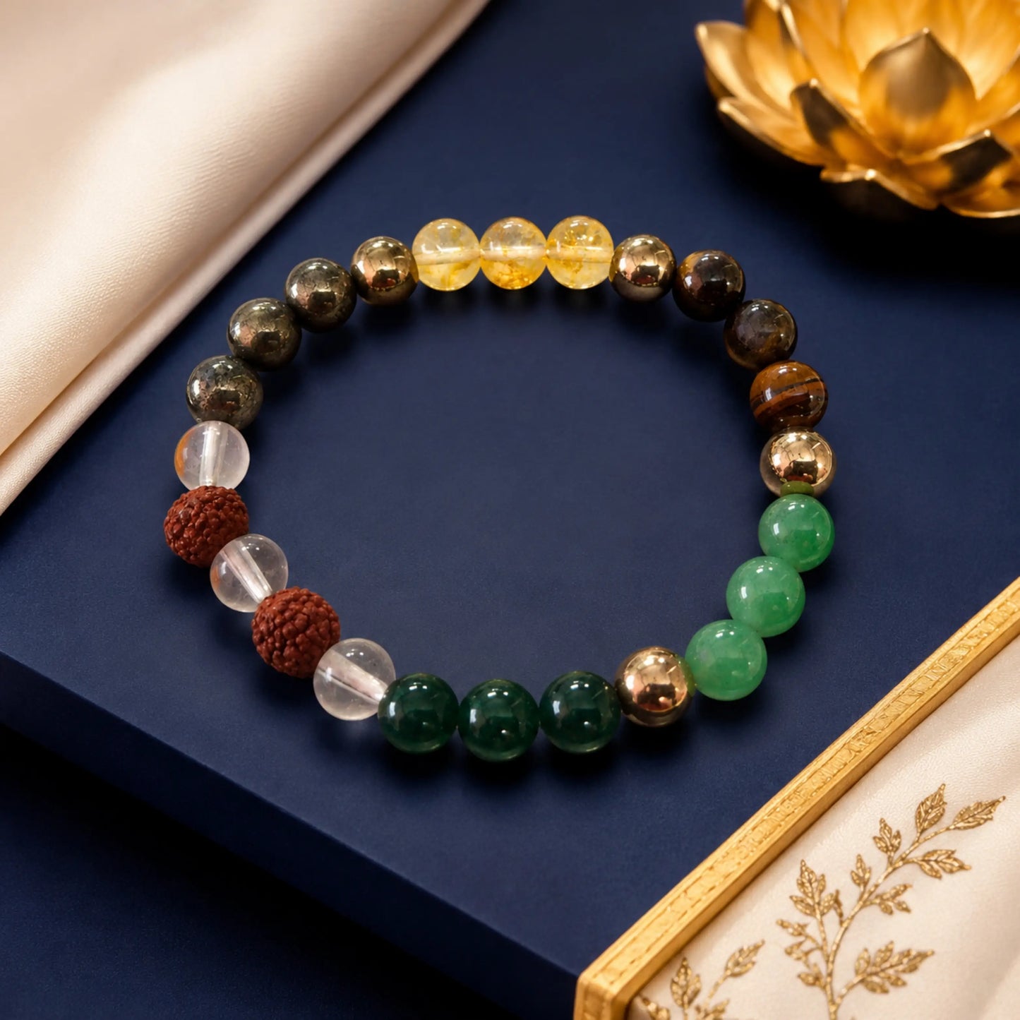 Dhanyog Bracelet with Rudraksh (Pyrite, Tiger Eye, Citrine, Aventurine, Sphatik & Jade Beads)