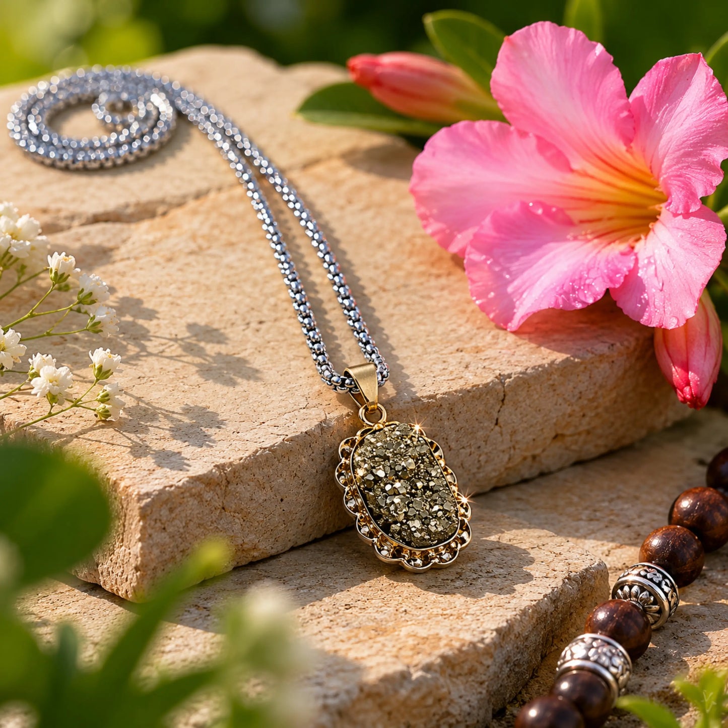 Silver Plated Raw Pyrite Stone Pendant