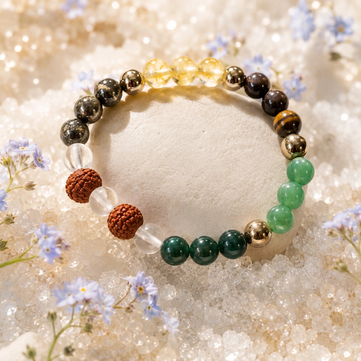 Dhanyog Bracelet with Rudraksh (Pyrite, Tiger Eye, Citrine, Aventurine, Sphatik & Jade Beads)