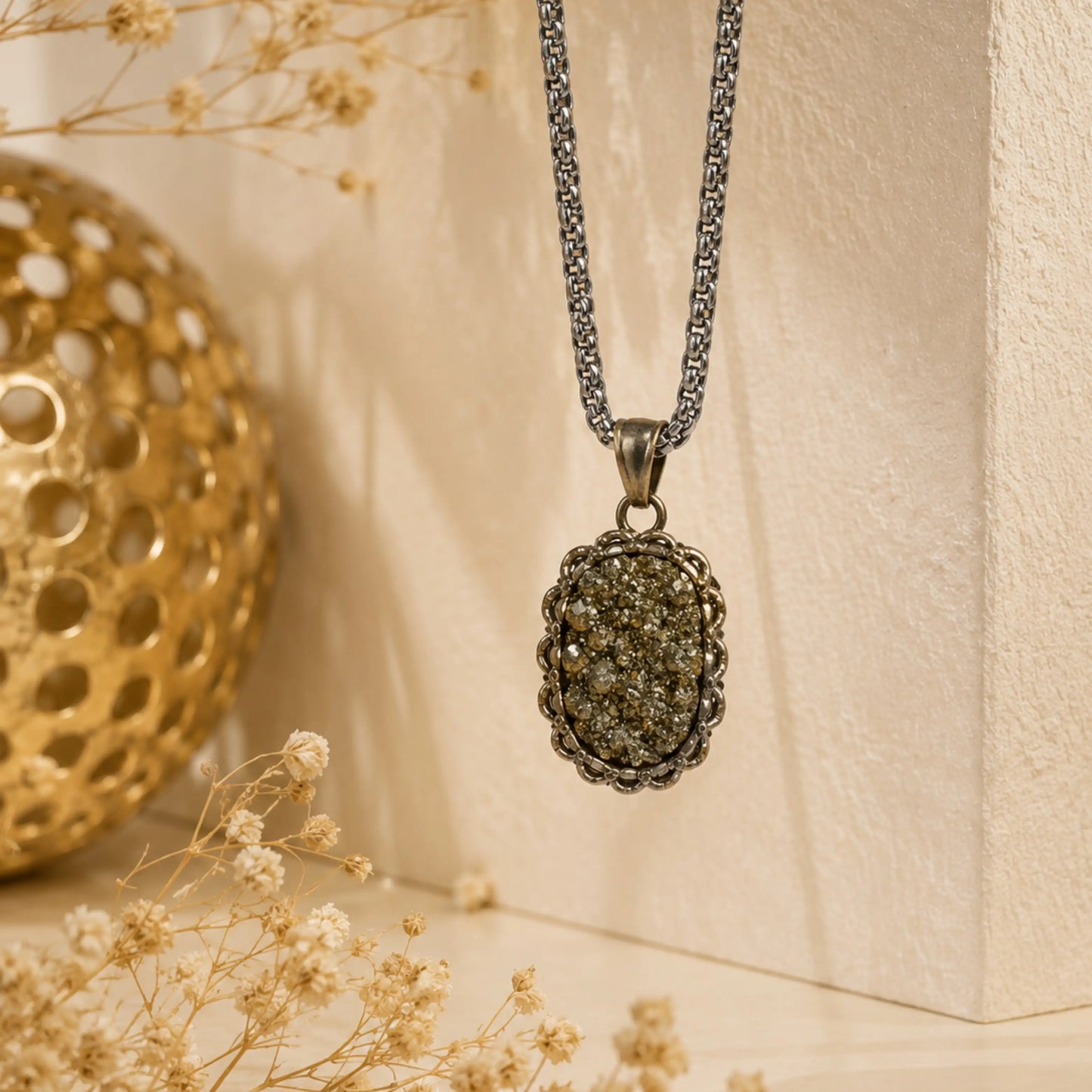 Silver Plated Raw Pyrite Stone Pendant