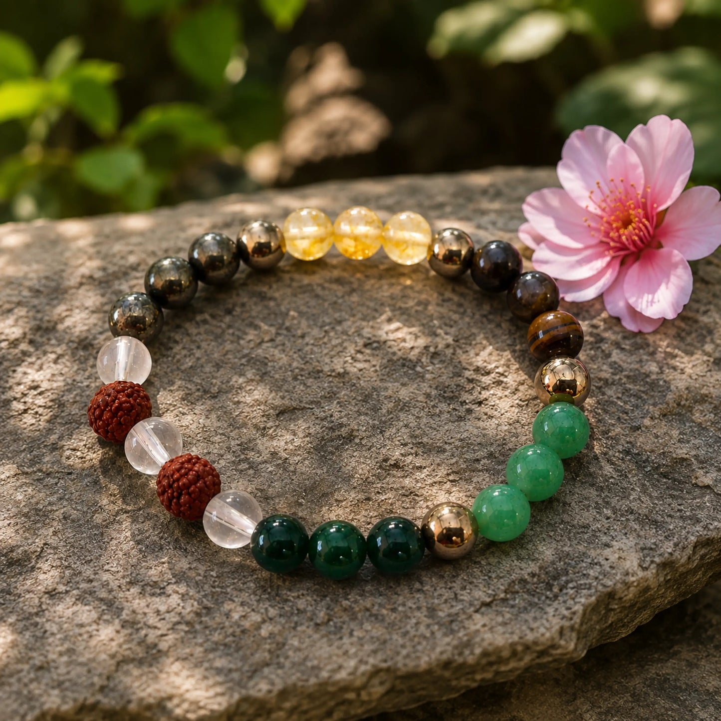Dhanyog Bracelet with Rudraksh (Pyrite, Tiger Eye, Citrine, Aventurine, Sphatik & Jade Beads)