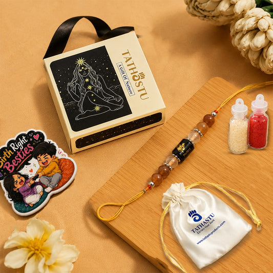 Tathastu Zodiac Crystal Rakhi | Crystals According to Zodiac sign | with Free Roli Chawal , Fridge Magnet, Protien Bar and Gift Box