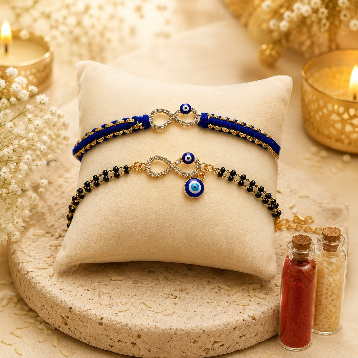 Premium Evil Eye Bhai-Bhabhi Rakhi Set with Roli Chawal in a beautiful Gift Box | Protien Bar | Fridge Magnet