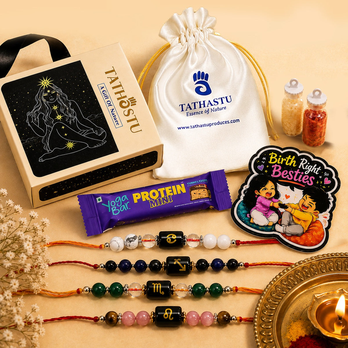 Tathastu Zodiac Crystal Rakhi | Crystals According to Zodiac sign | with Free Roli Chawal , Fridge Magnet, Protien Bar and Gift Box