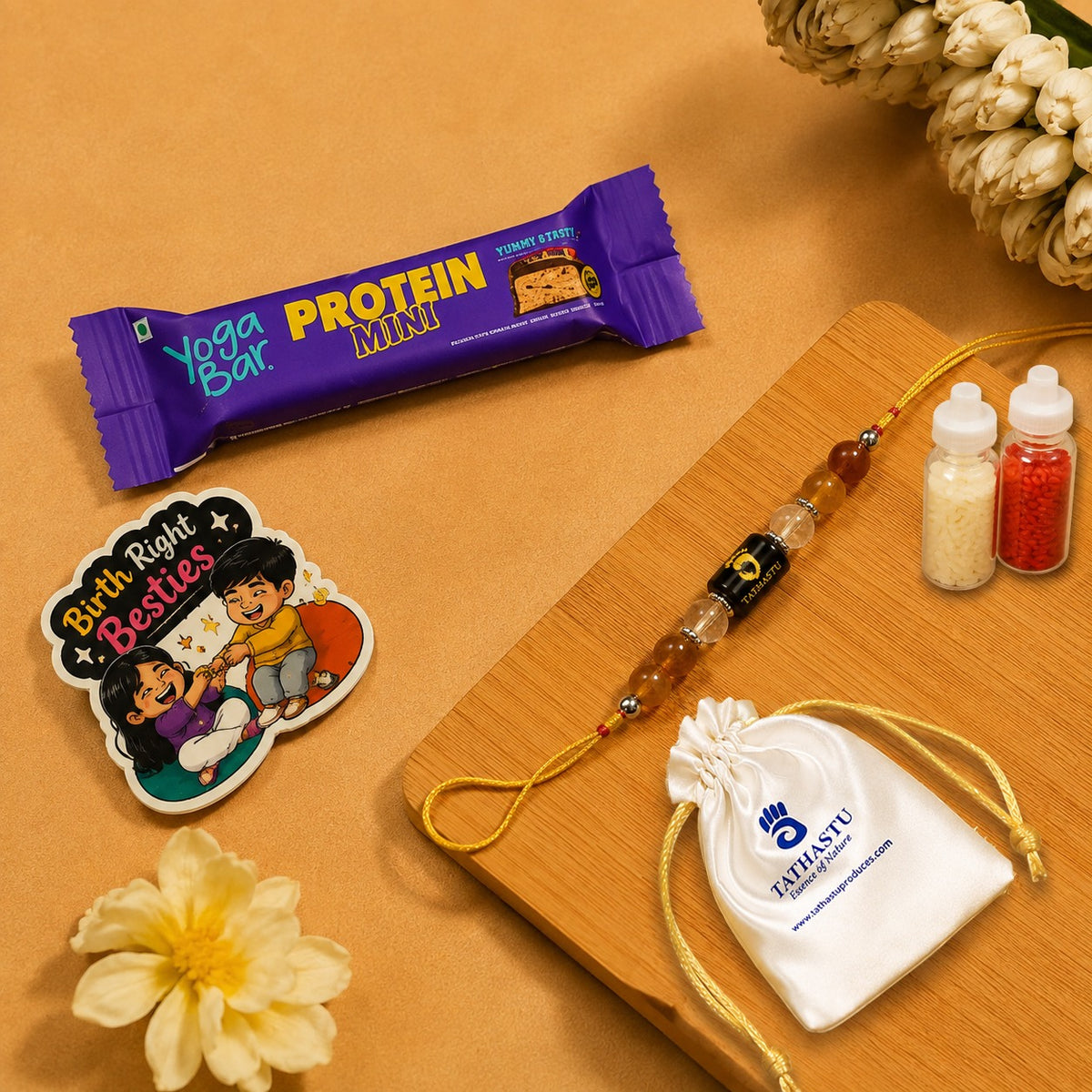 Tathastu Zodiac Crystal Rakhi | Crystals According to Zodiac sign | with Free Roli Chawal , Fridge Magnet, Protien Bar and Gift Box