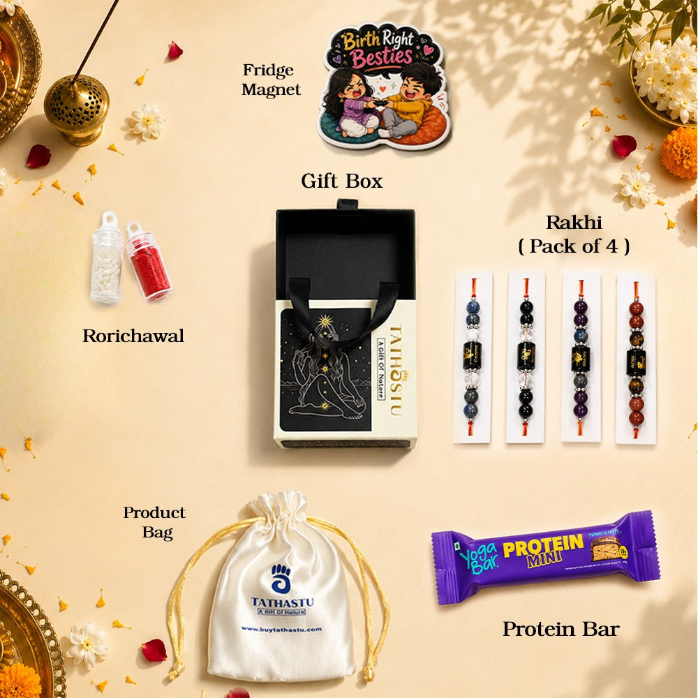 Tathastu Zodiac Crystal Rakhi | Crystals According to Zodiac sign | with Free Roli Chawal , Fridge Magnet, Protien Bar and Gift Box