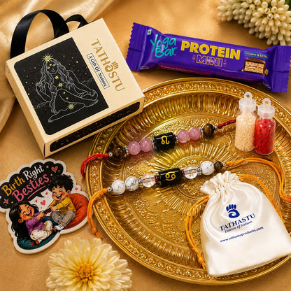 Tathastu Zodiac Crystal Rakhi | Crystals According to Zodiac sign | with Free Roli Chawal , Fridge Magnet, Protien Bar and Gift Box